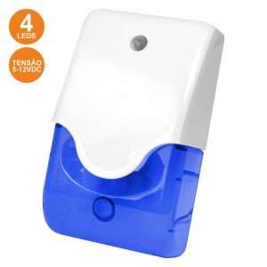 SIRENE E ESTROBOSCÓPIO AZUL EM CAIXA C/ 4 LEDS 5-12V