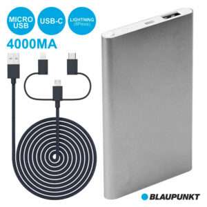 POWERBANK 4000MA C/ 3 FICHAS E CABO PRATEADO BLAUPUNKT