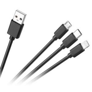 Cabo USB-A 2.0 Macho P/ MicroUSB/USB-C/Lightning 1.2m Preto