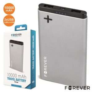POWERBANK 10000MA C/ FICHA MICRO USB 2USB PRATEADO