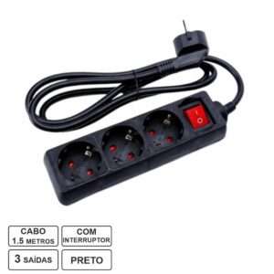 Tomada El?trica C/ 3 Sa?das Interruptor 1.5m Preto